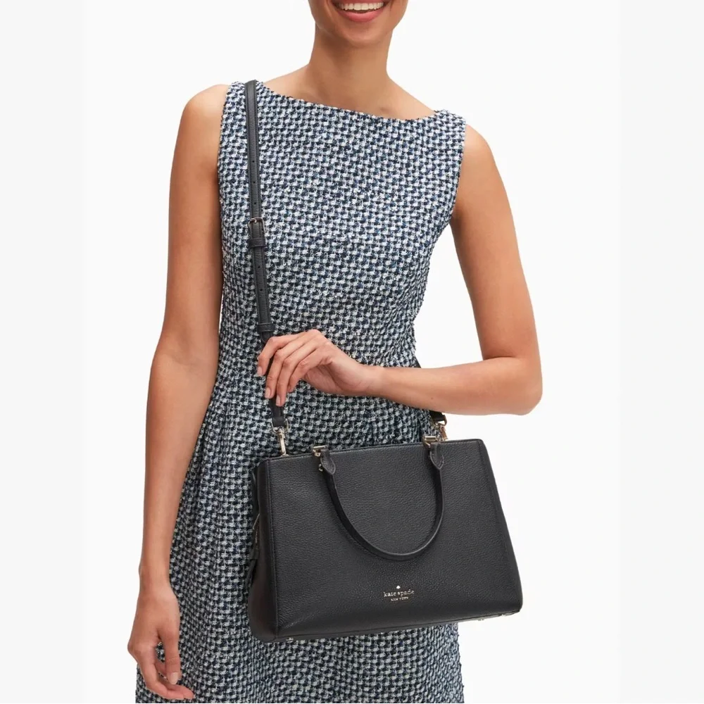 ♠️ Kate Spade Leila Medium Triple Compartment Satchel Black Pebbled Leather Bag - Picture 2 of 12